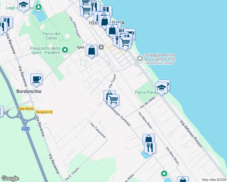 map of restaurants, bars, coffee shops, grocery stores, and more near 17 Via Teano in Igea Marina
