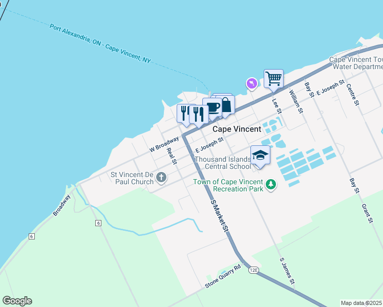 map of restaurants, bars, coffee shops, grocery stores, and more near Joseph Street in Cape Vincent