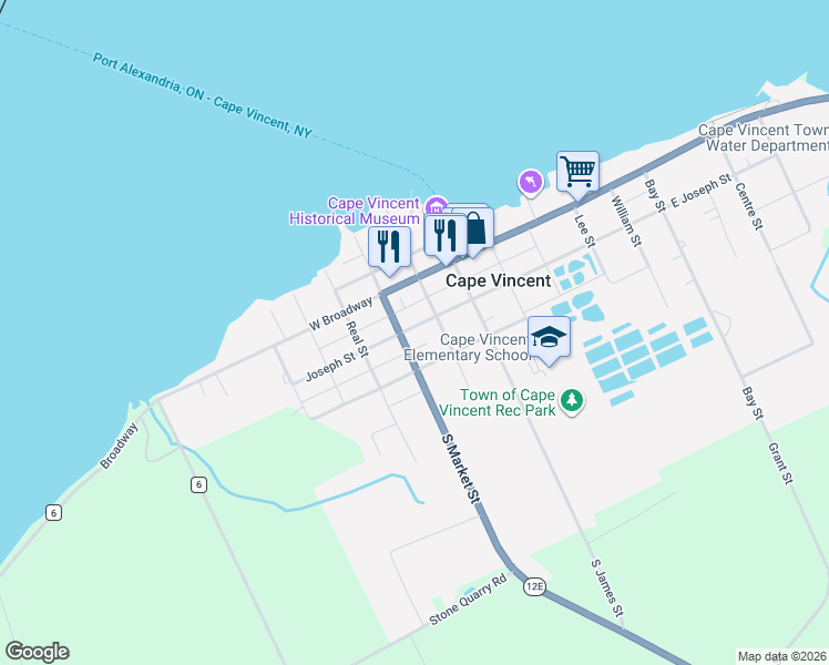 map of restaurants, bars, coffee shops, grocery stores, and more near 128 Kelsey Lane in Cape Vincent