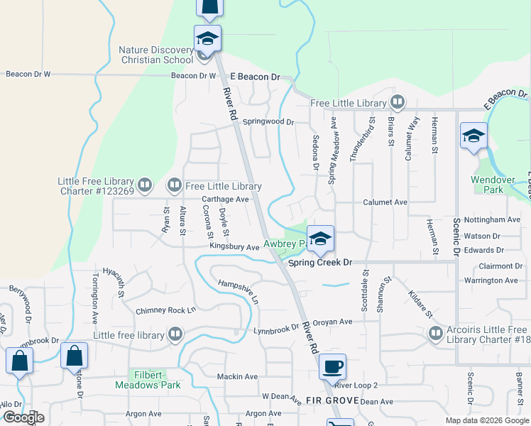 map of restaurants, bars, coffee shops, grocery stores, and more near 4455 River Road in Eugene