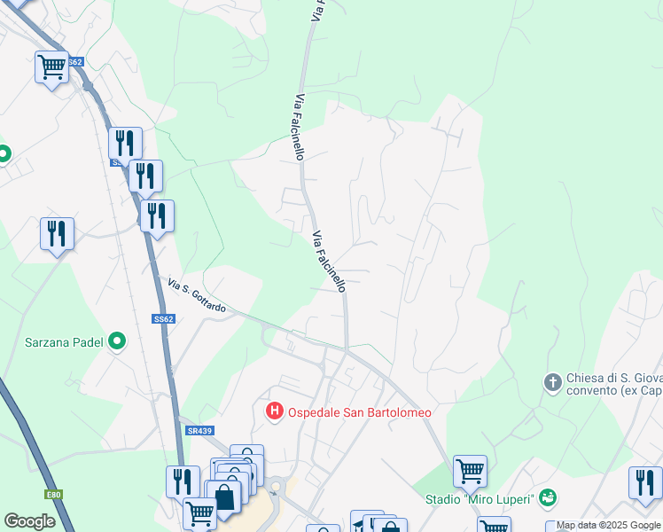 map of restaurants, bars, coffee shops, grocery stores, and more near 1561 Via Falcinello in Sarzana