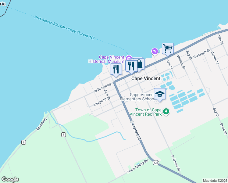 map of restaurants, bars, coffee shops, grocery stores, and more near 138 West Broadway in Cape Vincent