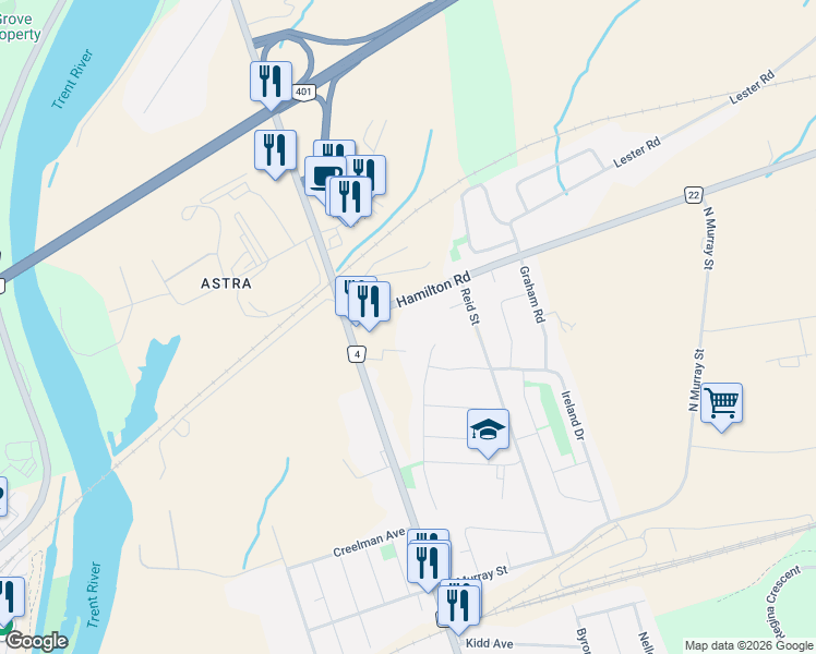 map of restaurants, bars, coffee shops, grocery stores, and more near 2527 Hamilton Road in Quinte West