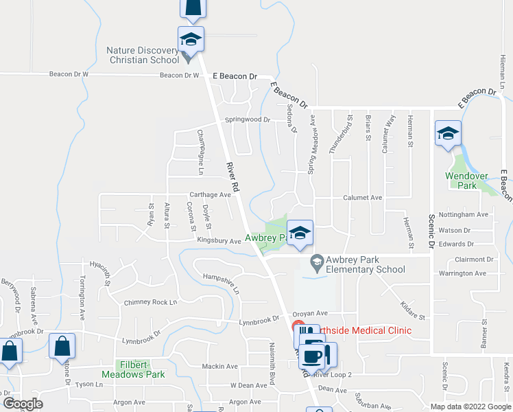 map of restaurants, bars, coffee shops, grocery stores, and more near 4396 katy Lane in Eugene