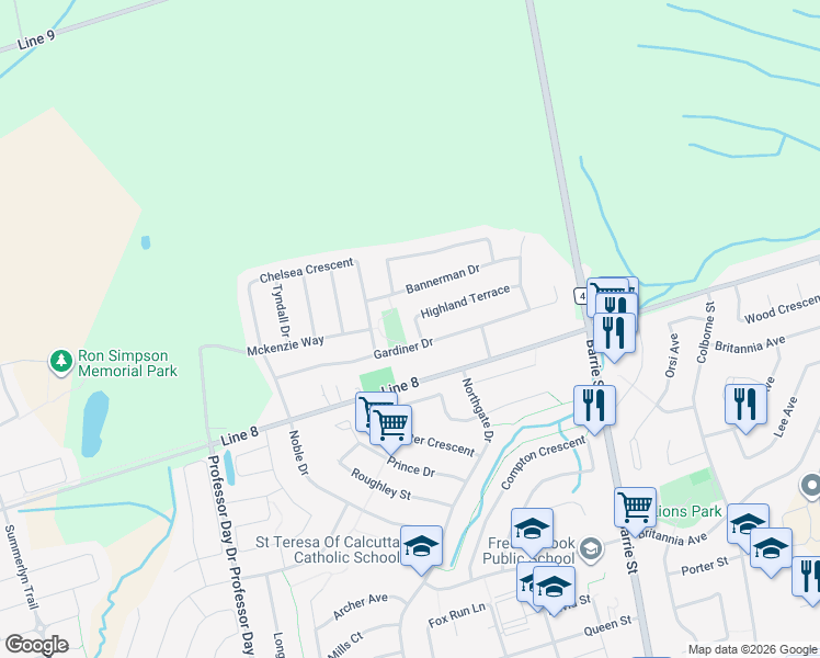 map of restaurants, bars, coffee shops, grocery stores, and more near 8 Highland Terrace in Bradford West Gwillimbury