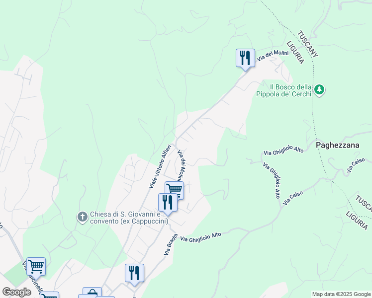map of restaurants, bars, coffee shops, grocery stores, and more near 224 Via dei Molini in Sarzana