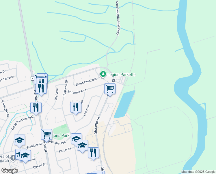 map of restaurants, bars, coffee shops, grocery stores, and more near 360 Britannia Avenue in Bradford West Gwillimbury