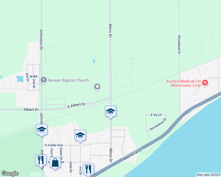 map of restaurants, bars, coffee shops, grocery stores, and more near 2423 Mirro Drive in Manitowoc