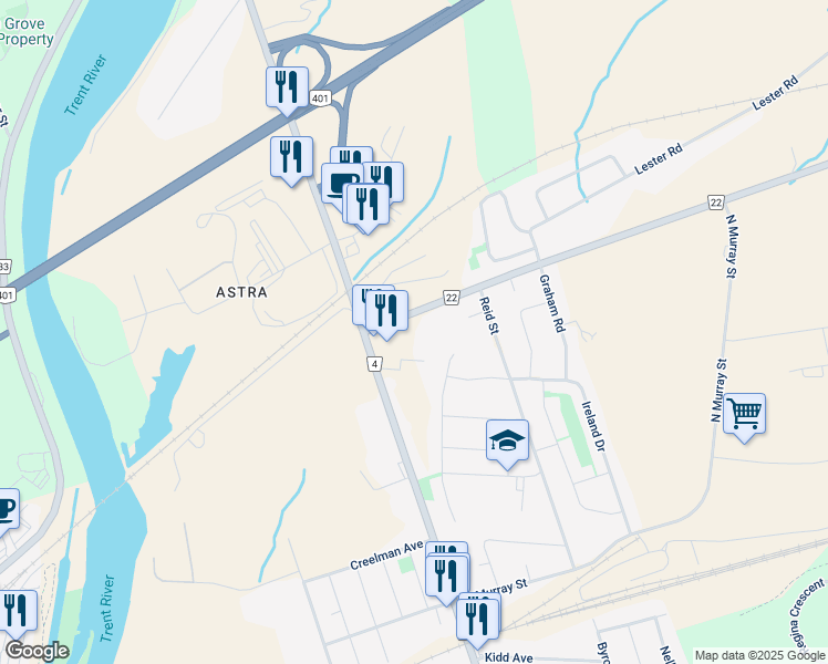 map of restaurants, bars, coffee shops, grocery stores, and more near 2529 Hamilton Road in Quinte West