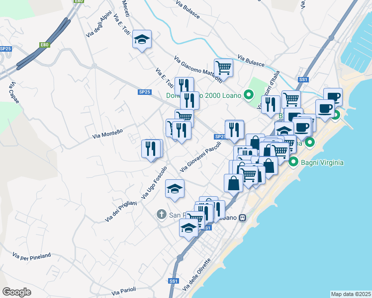 map of restaurants, bars, coffee shops, grocery stores, and more near Via Luigi Pirandello in Loano