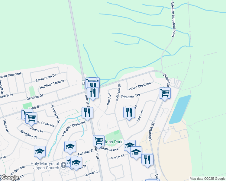 map of restaurants, bars, coffee shops, grocery stores, and more near in Bradford West Gwillimbury