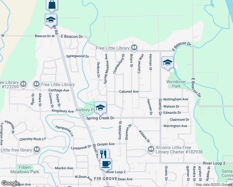 map of restaurants, bars, coffee shops, grocery stores, and more near 4495 Thunderbird Street in Eugene
