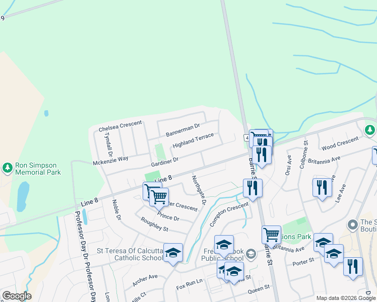 map of restaurants, bars, coffee shops, grocery stores, and more near 33 Highland Terrace in Bradford West Gwillimbury