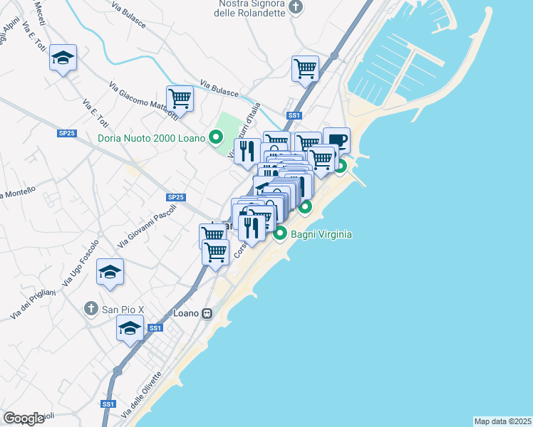 map of restaurants, bars, coffee shops, grocery stores, and more near 11 Corso Europa in Loano