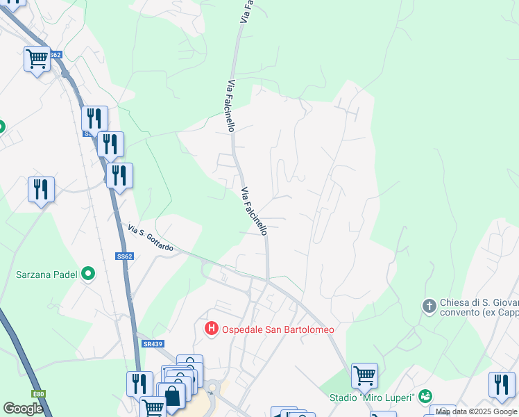 map of restaurants, bars, coffee shops, grocery stores, and more near 148 Via Falcinello in Sarzana