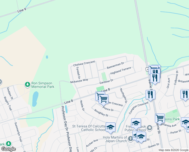 map of restaurants, bars, coffee shops, grocery stores, and more near 16 Mckenzie Way in Bradford West Gwillimbury