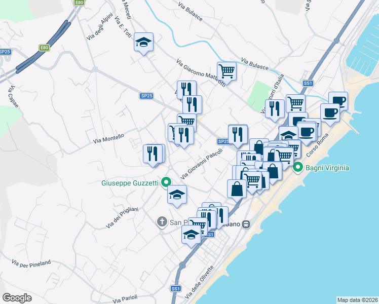 map of restaurants, bars, coffee shops, grocery stores, and more near 8 Via Luigi Pirandello in Loano