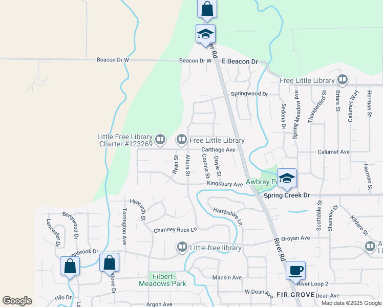 map of restaurants, bars, coffee shops, grocery stores, and more near 4467 Altura Street in Eugene