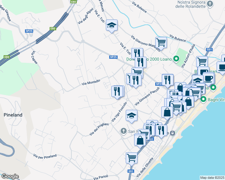 map of restaurants, bars, coffee shops, grocery stores, and more near 29 Via Isonzo in Loano