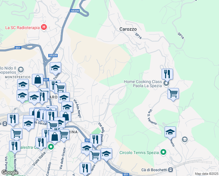 map of restaurants, bars, coffee shops, grocery stores, and more near 79 Via Privata da Passano in La Spezia