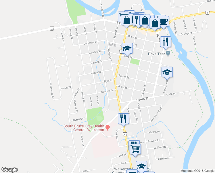 map of restaurants, bars, coffee shops, grocery stores, and more near 606 Mary Street in Walkerton