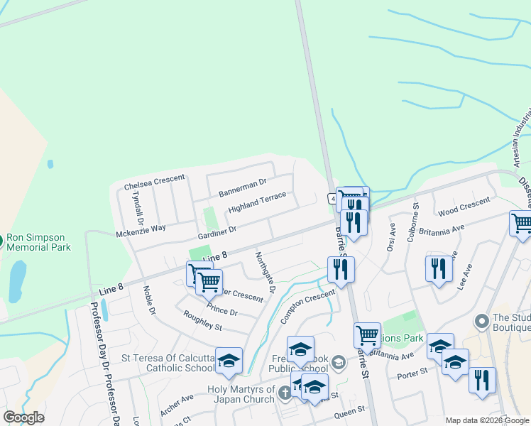 map of restaurants, bars, coffee shops, grocery stores, and more near 64 Gardiner Drive in Bradford West Gwillimbury