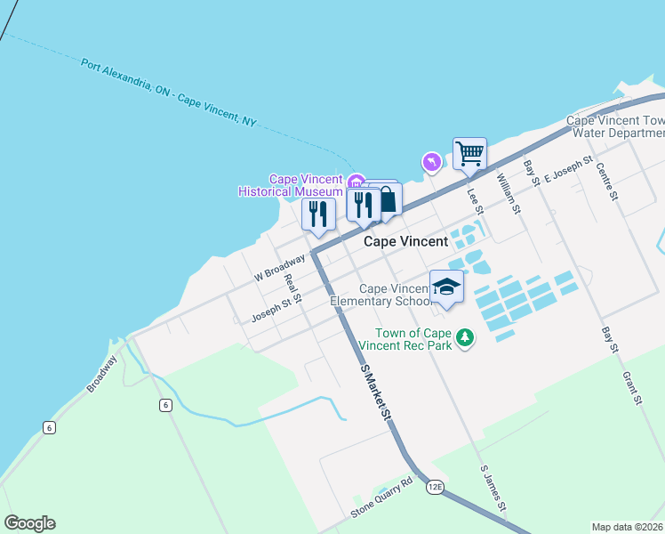 map of restaurants, bars, coffee shops, grocery stores, and more near 128 Kelsey Lane in Cape Vincent