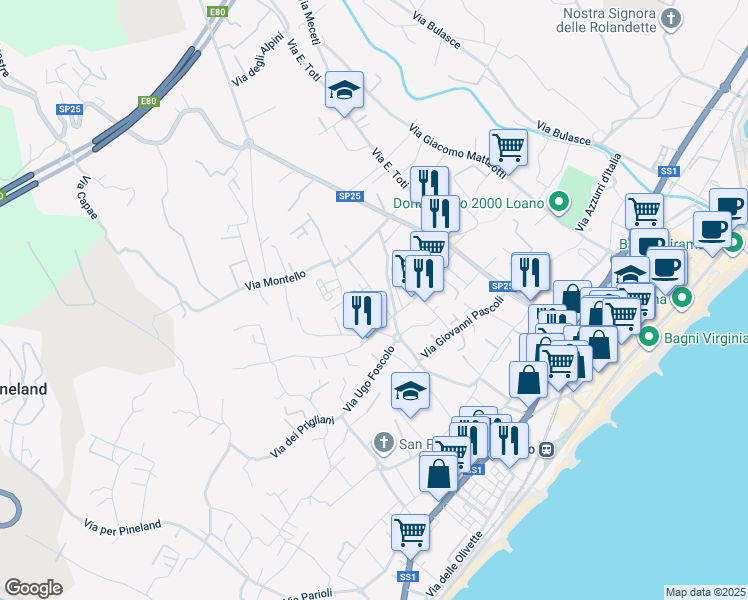 map of restaurants, bars, coffee shops, grocery stores, and more near 15 Via Tagliamento in Loano