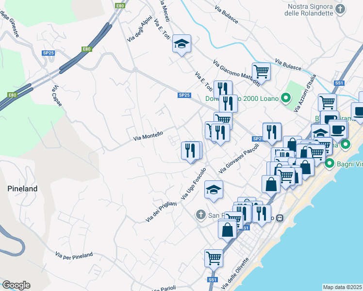 map of restaurants, bars, coffee shops, grocery stores, and more near 29 Via Isonzo in Loano