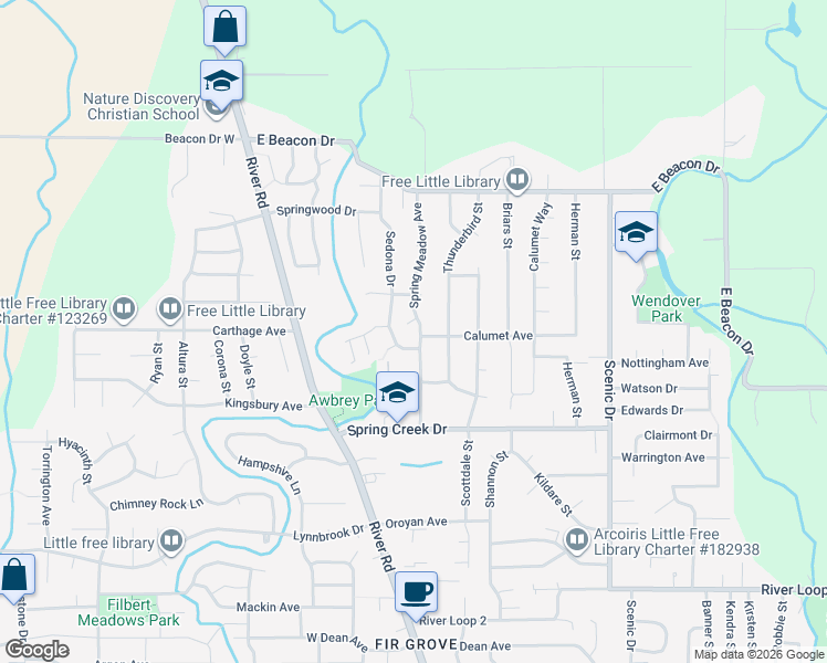 map of restaurants, bars, coffee shops, grocery stores, and more near 4518 Spring Meadow Avenue in Eugene