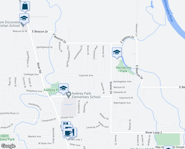 map of restaurants, bars, coffee shops, grocery stores, and more near 455 Calumet Avenue in Eugene