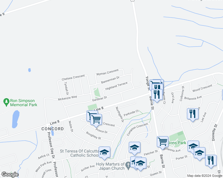 map of restaurants, bars, coffee shops, grocery stores, and more near 33 Highland Terrace in Bradford West Gwillimbury