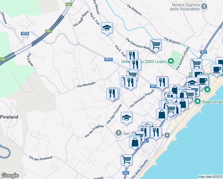 map of restaurants, bars, coffee shops, grocery stores, and more near 15 Via Tagliamento in Loano