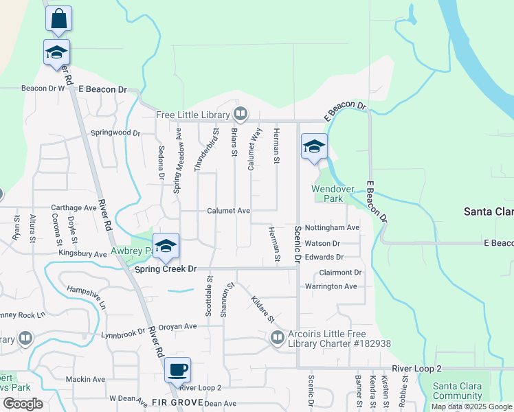 map of restaurants, bars, coffee shops, grocery stores, and more near 455 Calumet Avenue in Eugene