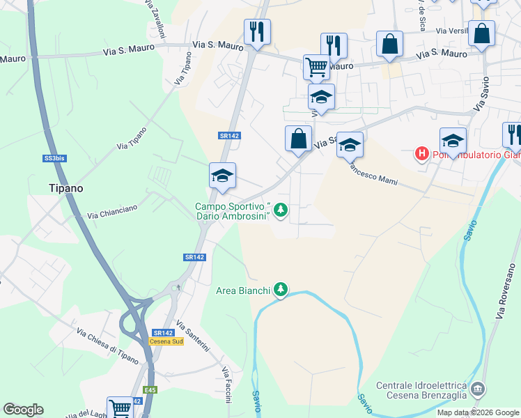 map of restaurants, bars, coffee shops, grocery stores, and more near 180 Via Chiusi in Cesena