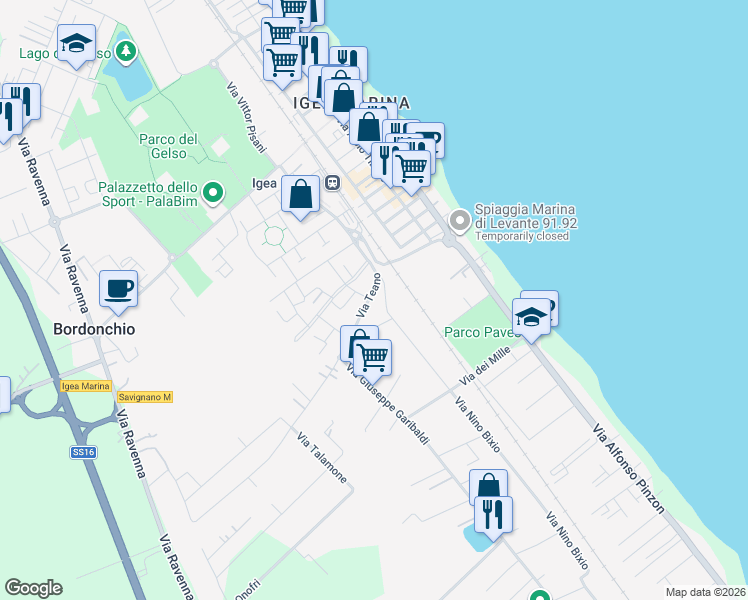 map of restaurants, bars, coffee shops, grocery stores, and more near 17 Via Teano in Bellaria-Igea Marina
