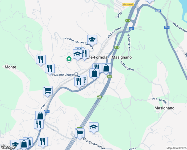 map of restaurants, bars, coffee shops, grocery stores, and more near 12 Via Termo in Stazione-fornola