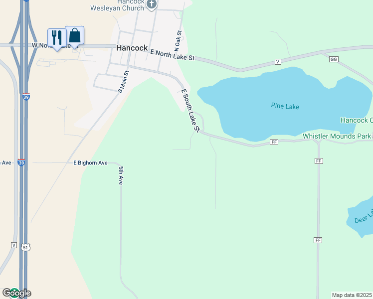 map of restaurants, bars, coffee shops, grocery stores, and more near 539 South Oakwood Street in Hancock