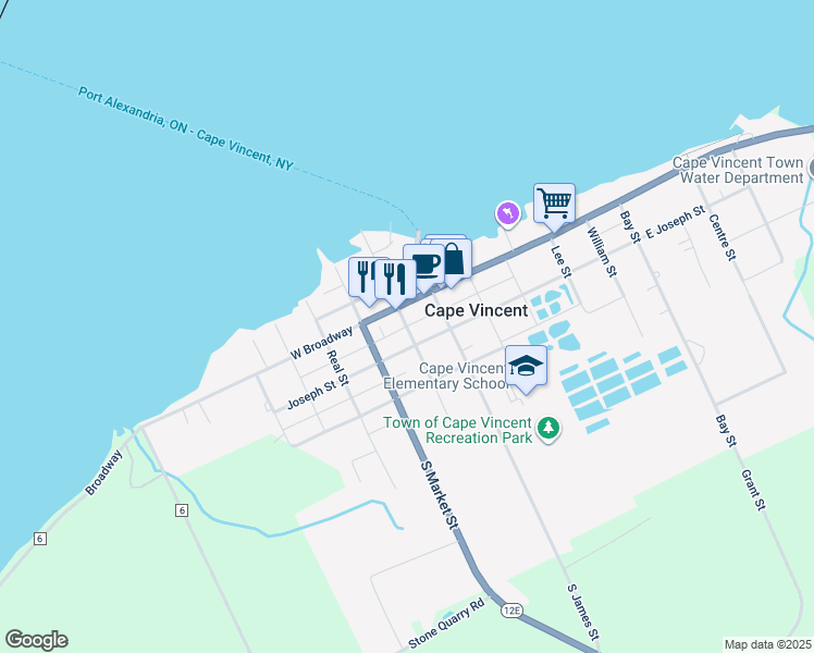 map of restaurants, bars, coffee shops, grocery stores, and more near Point Street in Cape Vincent
