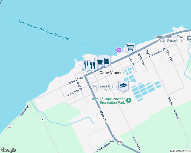 map of restaurants, bars, coffee shops, grocery stores, and more near Point Street in Cape Vincent