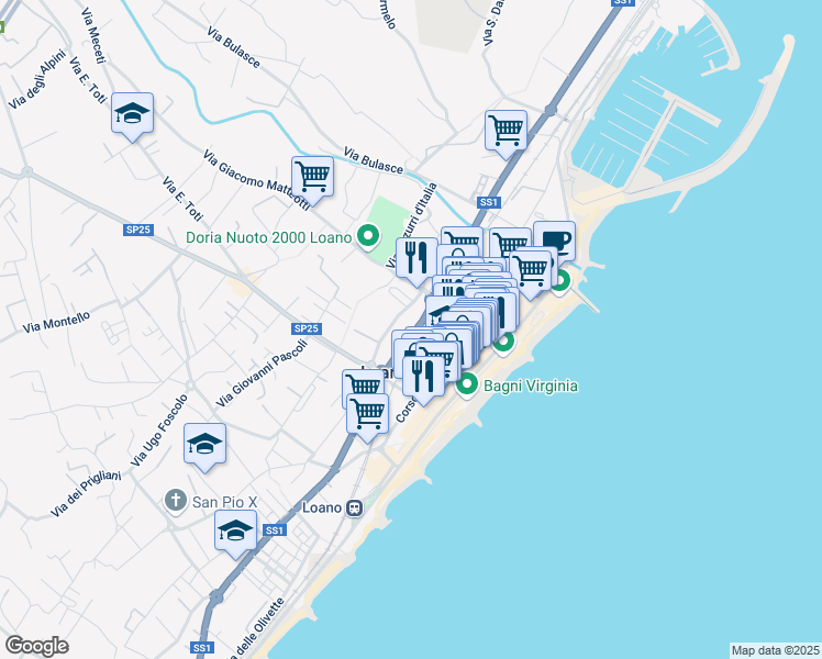 map of restaurants, bars, coffee shops, grocery stores, and more near 30 Corso Europa in Loano
