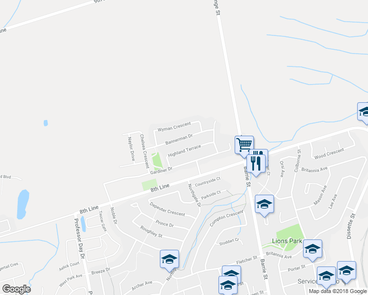 map of restaurants, bars, coffee shops, grocery stores, and more near 40 Highland Terrace in Bradford West Gwillimbury