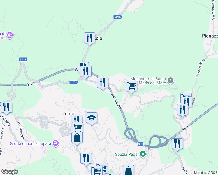 map of restaurants, bars, coffee shops, grocery stores, and more near 685 Variante Aurelia in La Spezia