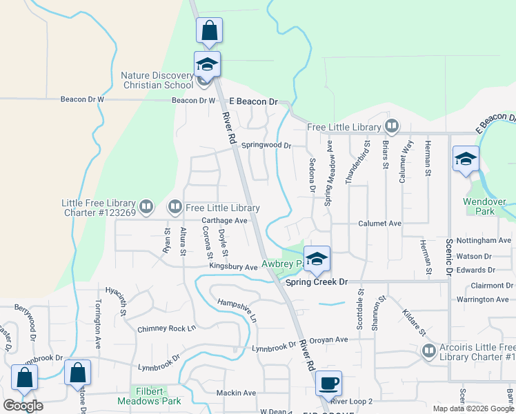 map of restaurants, bars, coffee shops, grocery stores, and more near 4495 River Road in Eugene
