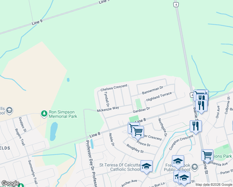 map of restaurants, bars, coffee shops, grocery stores, and more near in Bradford West Gwillimbury