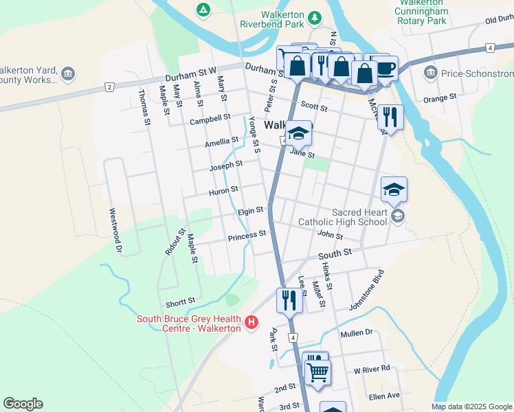 map of restaurants, bars, coffee shops, grocery stores, and more near 606 Mary Street in Walkerton