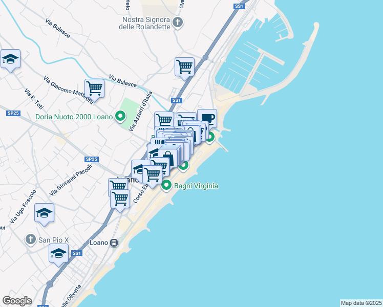 map of restaurants, bars, coffee shops, grocery stores, and more near Via Rosa Raimondi in Loano