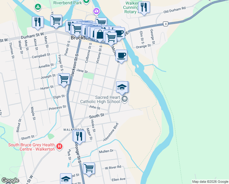 map of restaurants, bars, coffee shops, grocery stores, and more near 312 McNab Street in Walkerton