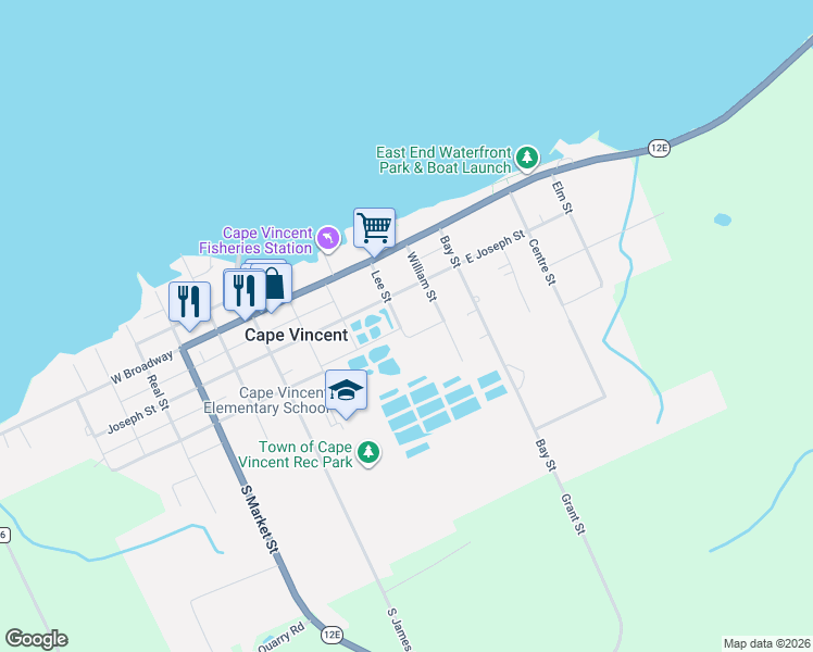 map of restaurants, bars, coffee shops, grocery stores, and more near 222 Lee Street in Cape Vincent