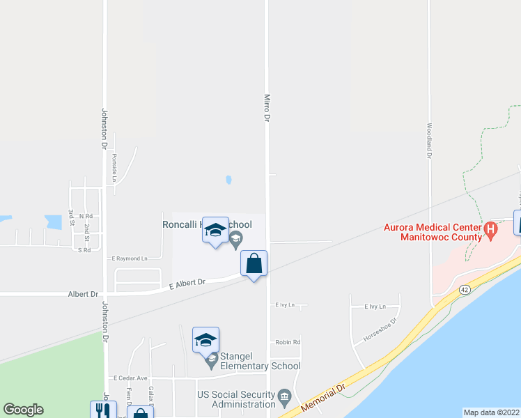map of restaurants, bars, coffee shops, grocery stores, and more near 2220 Mirro Drive in Manitowoc